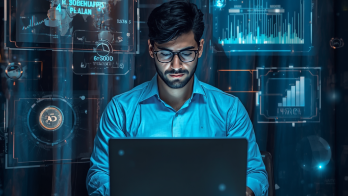 Young professional working on a laptop with futuristic AI dashboards, data analytics charts, and digital technology interface in the background.