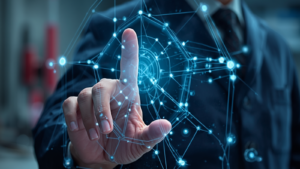 Business professional interacting with a futuristic AI digital interface featuring connected network technology and virtual data visualization.