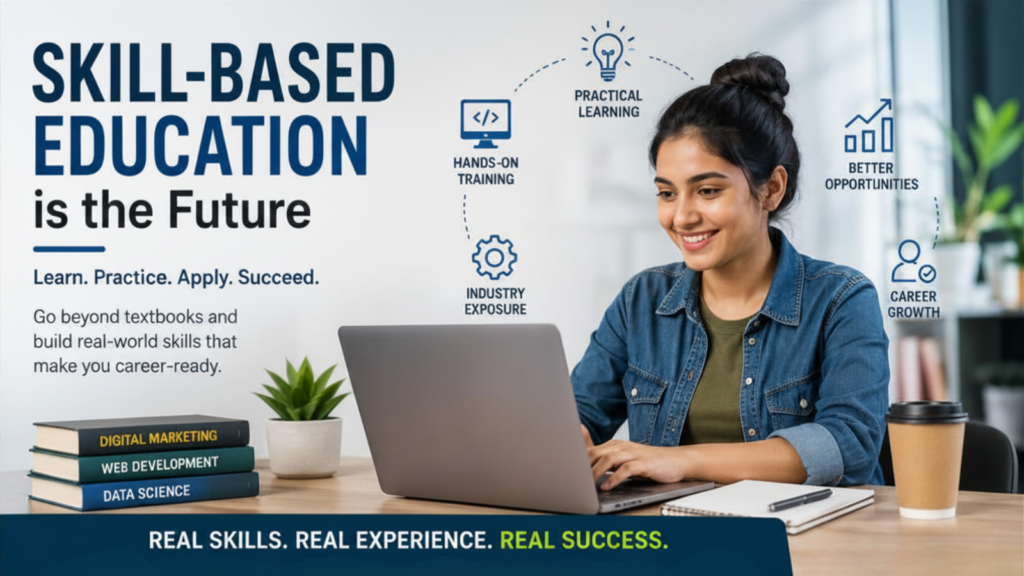 Student learning practical digital skills on a laptop representing skill-based education, hands-on training, career growth, and industry-focused learning for future job opportunities.