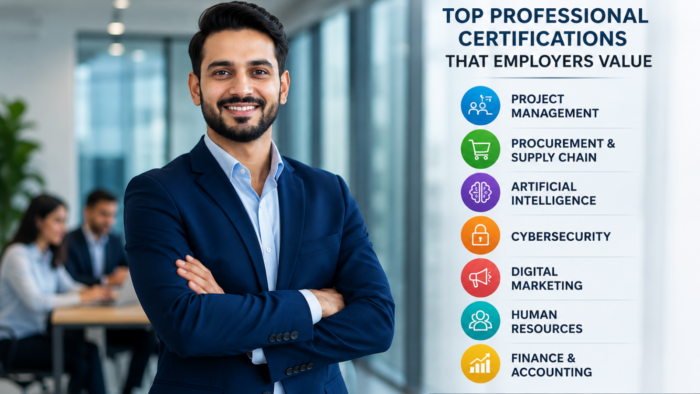 Top professional certifications for career growth in Project Management, AI, Cybersecurity, Procurement, HR, Finance, and Digital Marketing.