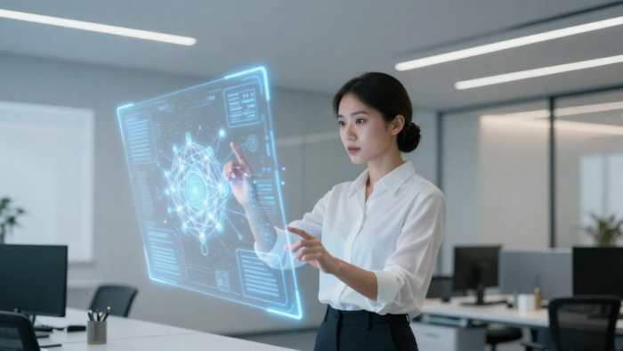 A female professional in a white shirt interacting with a glowing holographic AI interface in a modern office, symbolizing learning future-ready AI skills.