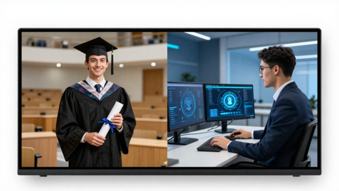 A split-screen image displayed on a modern monitor mockup comparing career paths. The left side features a smiling university graduate in a black cap and gown holding a diploma scroll in a lecture hall. The right side shows a professional in a suit working at a tech workspace with dual monitors displaying advanced data dashboards.