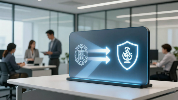A close-up of a modern, glowing digital display on an office desk showing graphic symbols of a university seal pointing arrows toward a professional tech certification shield. In the blurred background, corporate professionals collaborate in a bright, contemporary glass-walled office space.