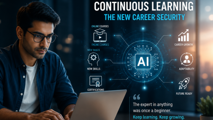 A professional learning new AI skills on a laptop, illustrating continuous learning, career security, professional certifications, upskilling, and future-ready career growth.