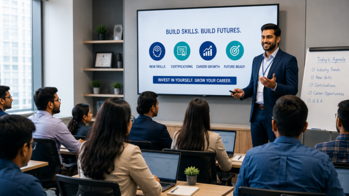 Professionals attending a corporate training session on continuous learning, skill development, professional certifications, career growth, and future-ready workplace skills.