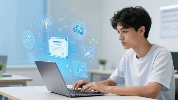 A young man sits at a desk typing on a laptop as a futuristic, glowing blue holographic display floats above the screen. The hologram features brain icons, data nodes, and a digital certificate labeled "ALGORITHMS CERTIFICATE," symbolizing AI learning and online certification.
