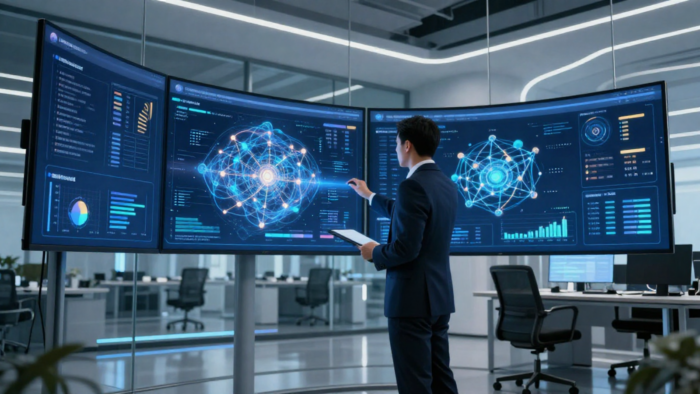 A businessman in a dark suit stands in a high-tech, modern office, interacting with a massive three-panel curved monitor setup. He holds a tablet in his left hand and points a stylus at the central screen, which displays glowing blue, complex 3D network nodes and various data charts.