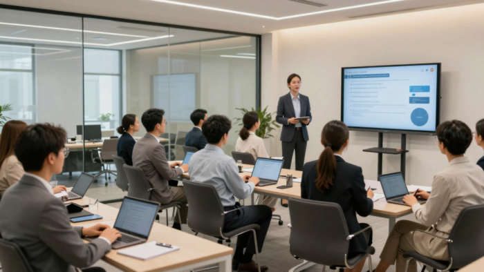 A corporate trainer delivering a professional training session to employees in a modern conference room with a digital presentation screen and participants using laptops.