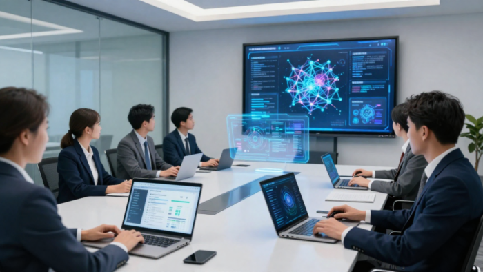 Professionals attending an AI-powered corporate training session in a modern conference room, viewing advanced data analytics and artificial intelligence dashboards on a large digital display.