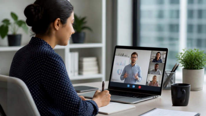 Working professional attending a live online training session with an instructor and participants, representing virtual learning and professional skill development.