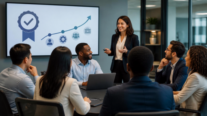 Professional trainer conducting a corporate skill development workshop for working professionals, highlighting learning, certification, teamwork, and career growth.