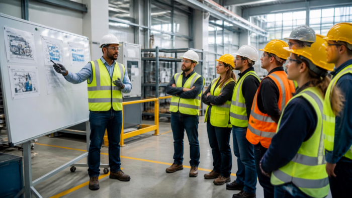 Safety professionals receiving workplace safety training in an industrial environment