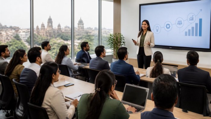 Professional trainer conducting an interactive corporate training session for working professionals in Vadodara