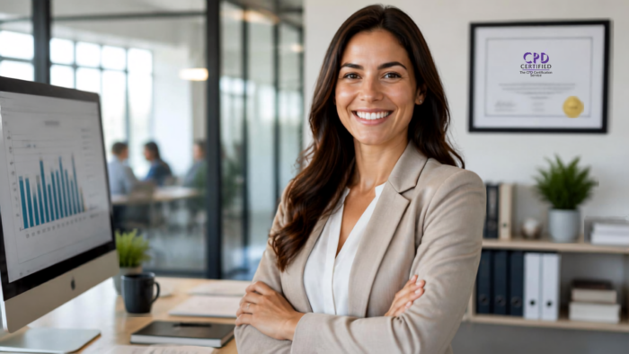 Smiling business professional in a modern office with a CPD-certified certificate and growth chart, representing career advancement through professional training.