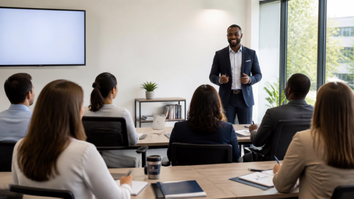 Business trainer presenting to a group of professionals during a classroom workshop, with participants attending a professional development training session in a modern office environment.