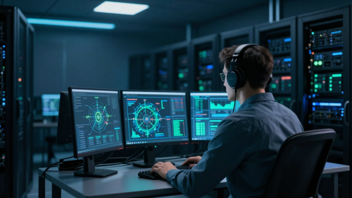 IT professional monitoring data center systems on multiple computer screens in a server room, analyzing network performance and infrastructure operations for CDCP certification and IT management training.
