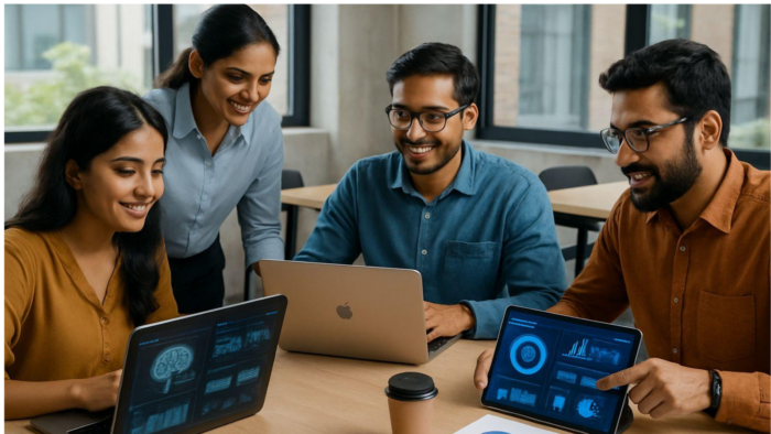 Group of Indian working professionals collaborating on laptops and tablets during an AI and data analytics training session in a modern office environment.