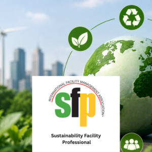 Green sustainability concept featuring a globe, renewable energy icons, recycling symbol, eco-friendly buildings, and wind turbines with the IFMA Sustainability Facility Professional (SFP) certification logo in the foreground.