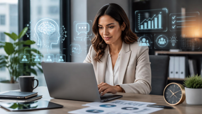 Female working professional using technology and developing AI, communication, analytical and digital workplace skills