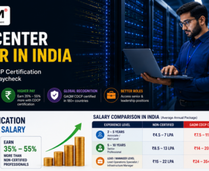 Professional working in a modern data center with server racks, highlighting how GAQM CDCP certification can increase salaries, improve career opportunities, and support growth in India's data center industry.