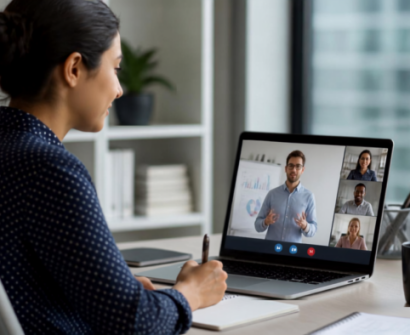 Working professional attending a live online training session with an instructor and participants, representing virtual learning and professional skill development.