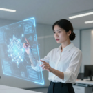 A female professional in a white shirt interacting with a glowing holographic AI interface in a modern office, symbolizing learning future-ready AI skills.