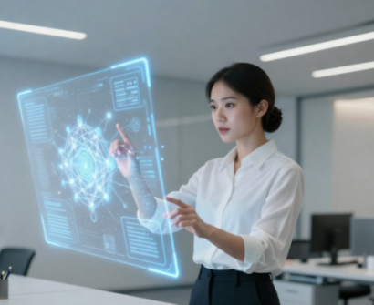 A female professional in a white shirt interacting with a glowing holographic AI interface in a modern office, symbolizing learning future-ready AI skills.