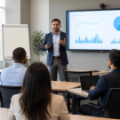Professionals attending an interactive management training session for leadership and career development