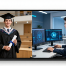 A split-screen image displayed on a modern monitor mockup comparing career paths. The left side features a smiling university graduate in a black cap and gown holding a diploma scroll in a lecture hall. The right side shows a professional in a suit working at a tech workspace with dual monitors displaying advanced data dashboards.