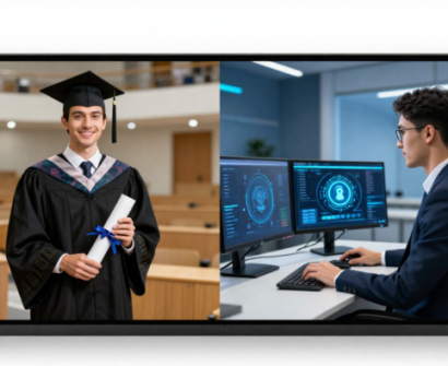 A split-screen image displayed on a modern monitor mockup comparing career paths. The left side features a smiling university graduate in a black cap and gown holding a diploma scroll in a lecture hall. The right side shows a professional in a suit working at a tech workspace with dual monitors displaying advanced data dashboards.