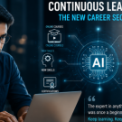 A professional learning new AI skills on a laptop, illustrating continuous learning, career security, professional certifications, upskilling, and future-ready career growth.