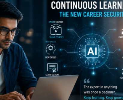 A professional learning new AI skills on a laptop, illustrating continuous learning, career security, professional certifications, upskilling, and future-ready career growth.