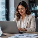 Female working professional using technology and developing AI, communication, analytical and digital workplace skills