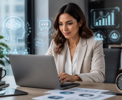 Female working professional using technology and developing AI, communication, analytical and digital workplace skills