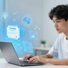 A young man sits at a desk typing on a laptop as a futuristic, glowing blue holographic display floats above the screen. The hologram features brain icons, data nodes, and a digital certificate labeled "ALGORITHMS CERTIFICATE," symbolizing AI learning and online certification.