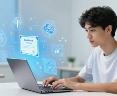 A young man sits at a desk typing on a laptop as a futuristic, glowing blue holographic display floats above the screen. The hologram features brain icons, data nodes, and a digital certificate labeled "ALGORITHMS CERTIFICATE," symbolizing AI learning and online certification.