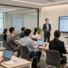 A corporate trainer delivering a professional training session to employees in a modern conference room with a digital presentation screen and participants using laptops.