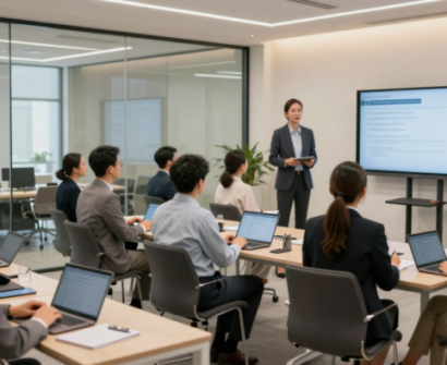 A corporate trainer delivering a professional training session to employees in a modern conference room with a digital presentation screen and participants using laptops.