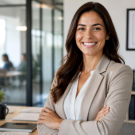 Smiling business professional in a modern office with a CPD-certified certificate and growth chart, representing career advancement through professional training.