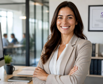 Smiling business professional in a modern office with a CPD-certified certificate and growth chart, representing career advancement through professional training.