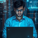 Young professional working on a laptop with futuristic AI dashboards, data analytics charts, and digital technology interface in the background.