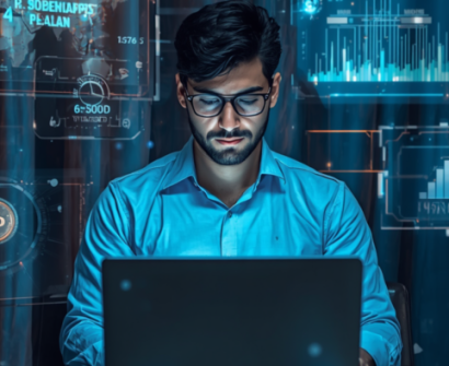 Young professional working on a laptop with futuristic AI dashboards, data analytics charts, and digital technology interface in the background.
