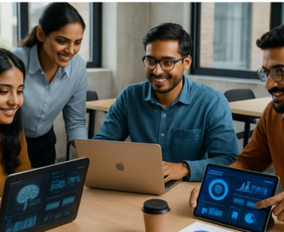 Group of Indian working professionals collaborating on laptops and tablets during an AI and data analytics training session in a modern office environment.