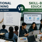 Comparison between traditional learning and skill-based education showing classroom theory learning versus practical skill development, teamwork, coding, and career-focused training.