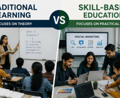 Comparison between traditional learning and skill-based education showing classroom theory learning versus practical skill development, teamwork, coding, and career-focused training.